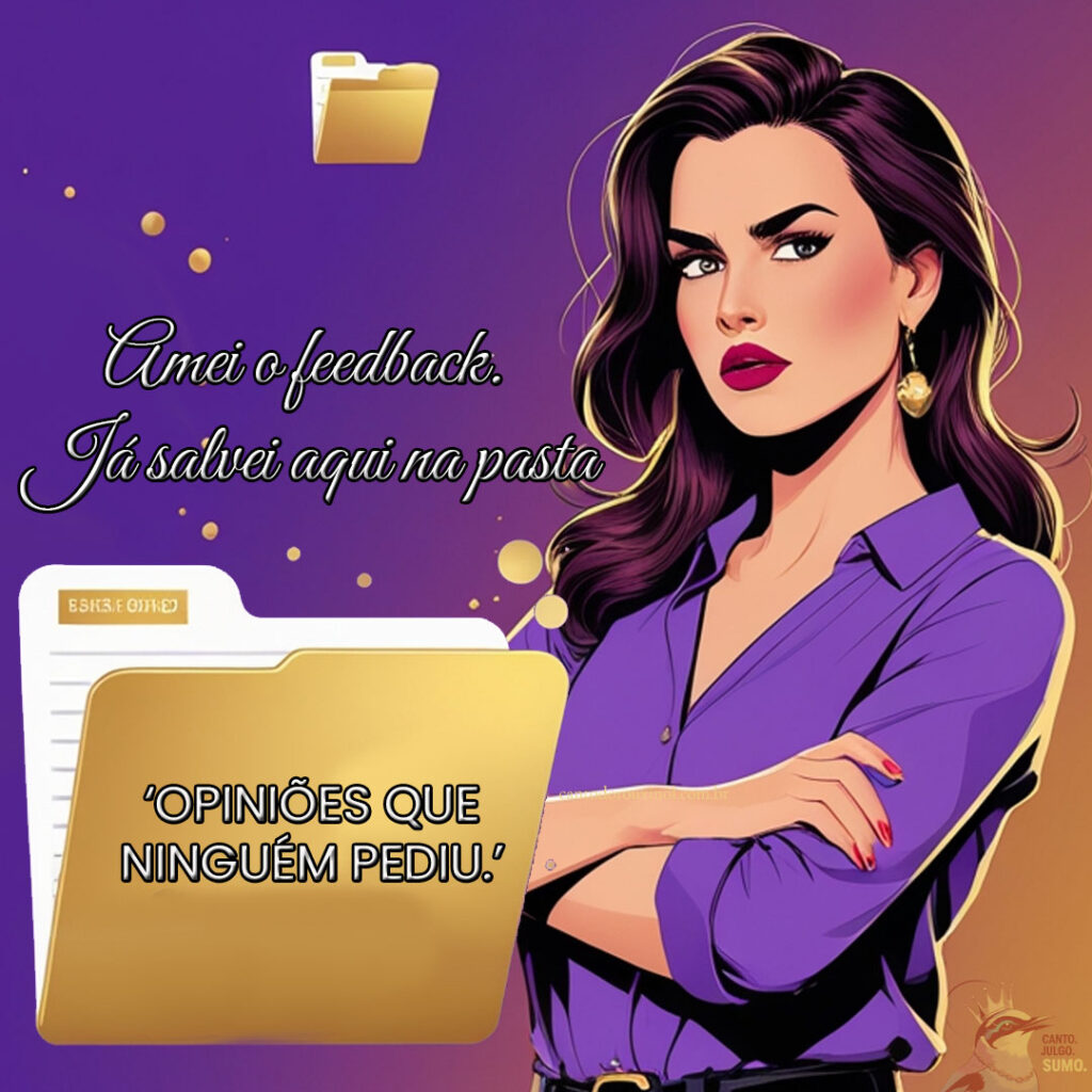 Ilustração de uma mulher com expressão sarcástica segurando uma pasta com os dizeres "opiniões que ninguém pediu", em estilo minimalista com esquema de cores roxo e dourado, fundo em gradiente e partículas douradas, transmitindo uma vibe elegante mas irônica sobre feedbacks não solicitados