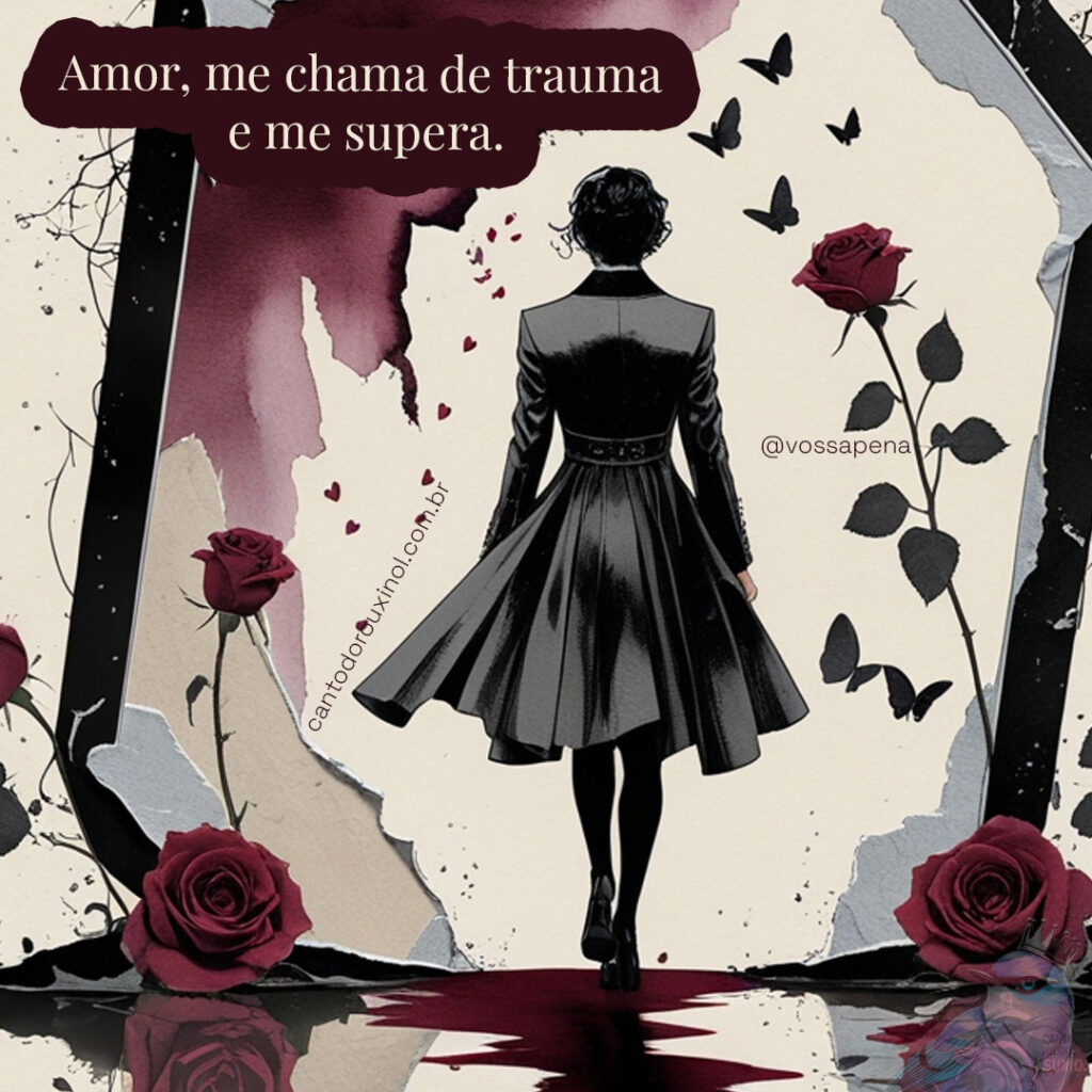 Ilustração estilizada de pessoa caminhando com dignidade, deixando para trás elementos de relacionamento tóxico, em estética de colagem zine com tons crimson e dourado