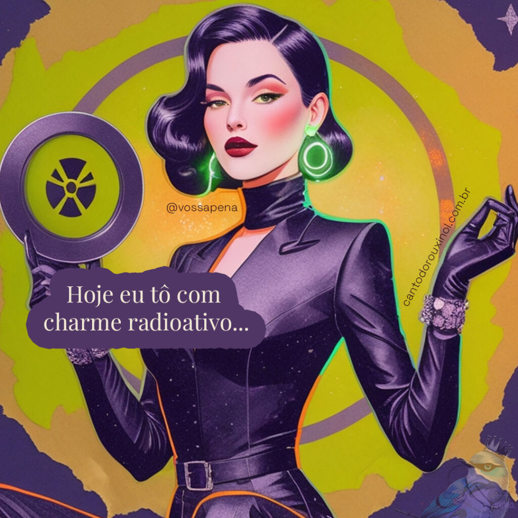 Ilustração estilizada de pessoa confiante com sorriso perigoso e sutil brilho verde, em estética de colagem zine com tons de esmeralda e lima, representando charme radioativo
