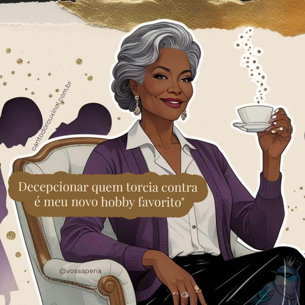 Ilustração estilizada de mulher negra madura brindando a si mesma, com figuras desapontadas ao fundo, em estética de colagem zine com tons plum e prata"
