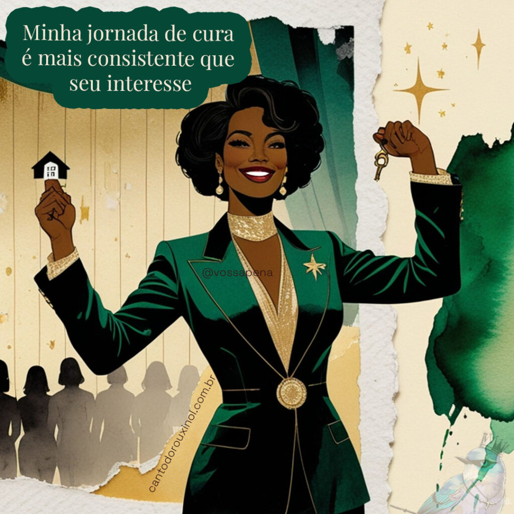 Ilustração estilizada de mulher negra brilhando sozinha no palco após cortinas fechadas, com figuras curiosas se afastando, em estética de colagem zine com tons esmeralda e dourado