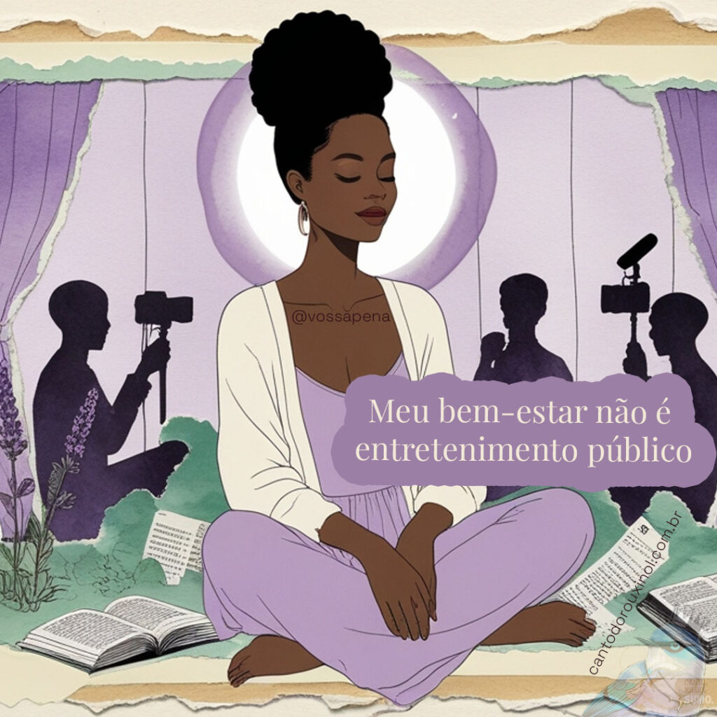 Ilustração estilizada de mulher negra em espaço privado protegido, com figuras curiosas mantidas à distância, em estética de colagem zine com tons lavanda e mint
