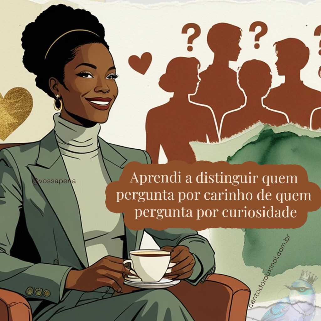 Ilustração estilizada de mulher negra confiante distinguindo pessoas genuínas de curiosas ao fundo, em estética de colagem zine com tons sage e terracotta