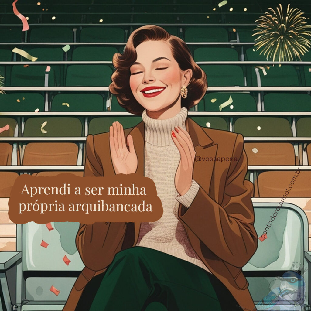 Ilustração estilizada de pessoa aplaudindo a si mesma em arquibancada vazia, com elementos celebrativos, em estética de colagem zine com tons âmbar e verde floresta
