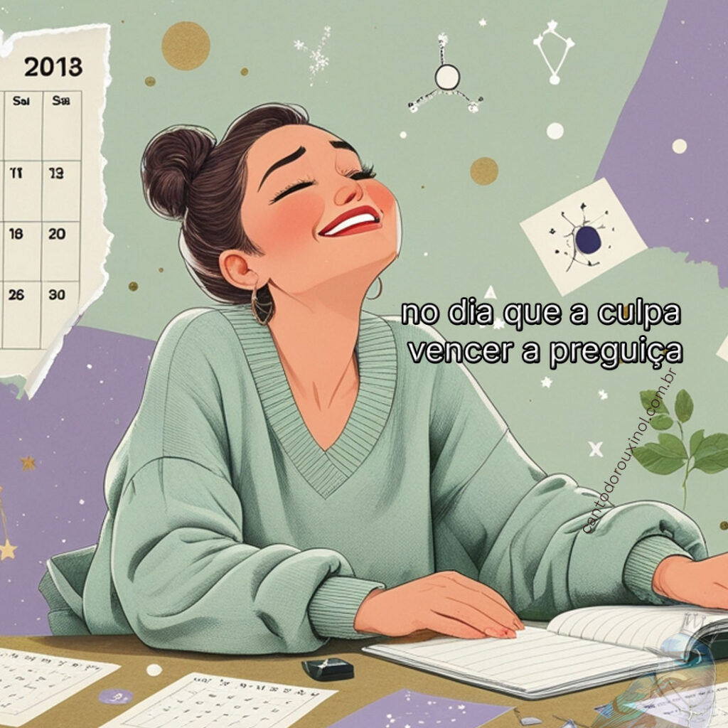 Ilustração estilizada de uma pessoa olhando calendário com expressão divertida, rodeada por elementos astrológicos e páginas de agenda, em estética de colagem com tons de lavanda e verde sálvia