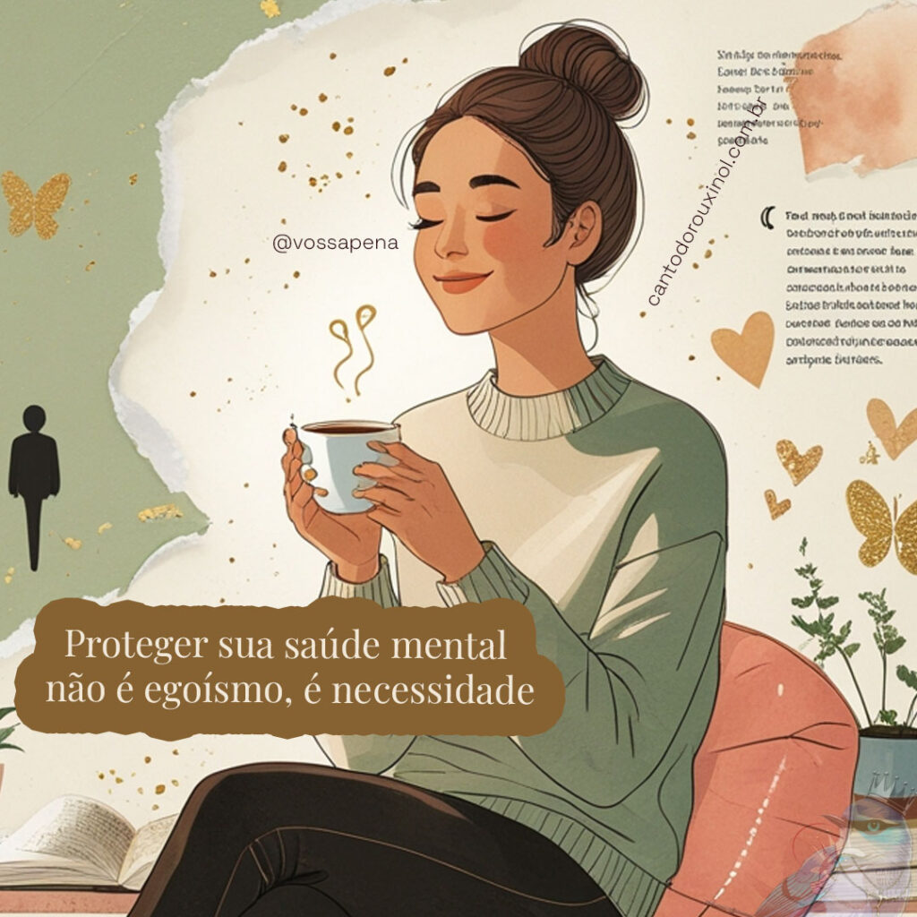 Pessoa reflexiva em ambiente acolhedor segurando xícara, com expressão serena e sorriso conhecedor, cercada por elementos que representam relacionamentos saudáveis, em arte de colagem com tons sage e coral, simbolizando independência emocional e sabedoria relacional.