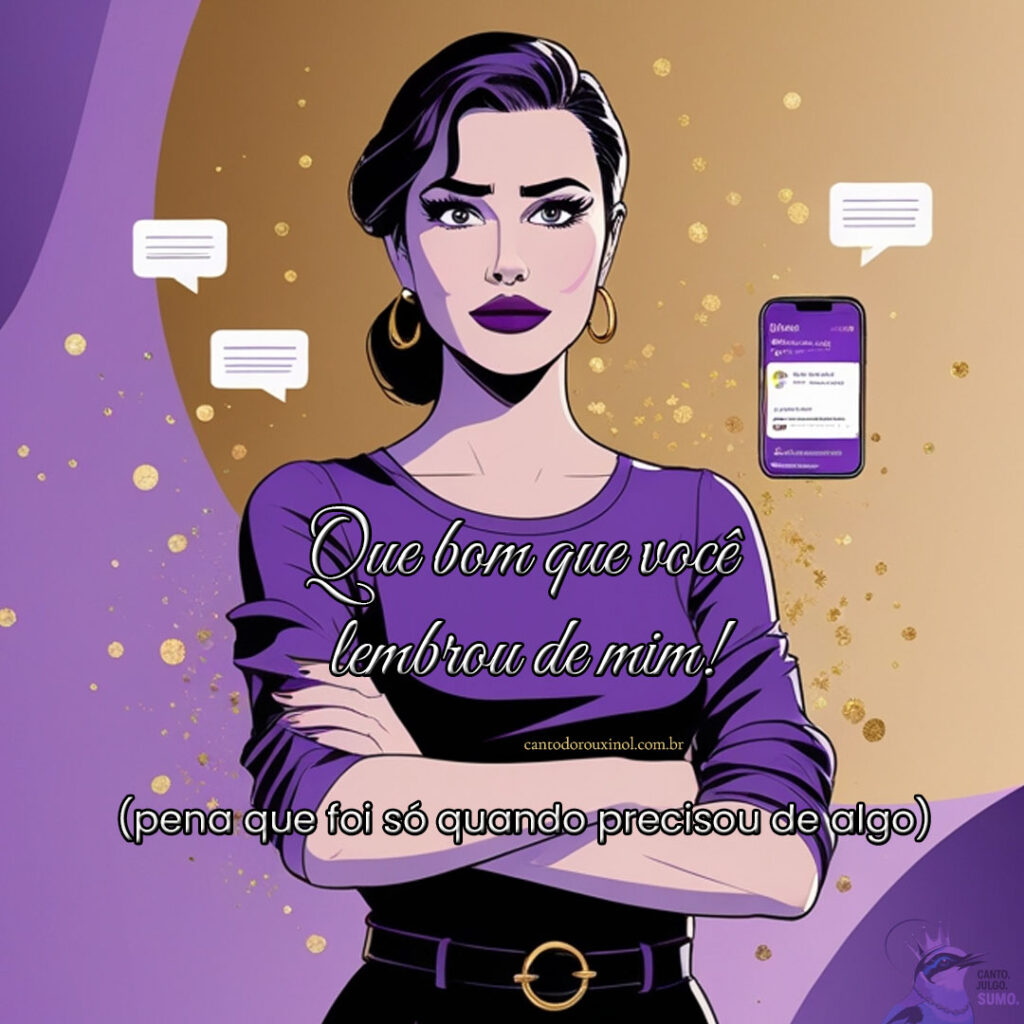 Ilustração de mulher com expressão cética olhando para celular, notificações flutuando ao redor, fundo gradiente roxo e dourado, linguagem corporal mostrando desconfiança elegante