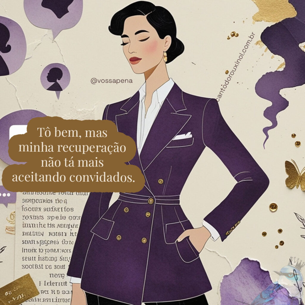 Pessoa confiante em postura serena usando blazer elegante, com expressão tranquila e sorriso sutil, cercada por elementos de ruído social se dissolvendo, em arte de colagem com tons violeta e dourado, representando independência emocional e autoestima.
