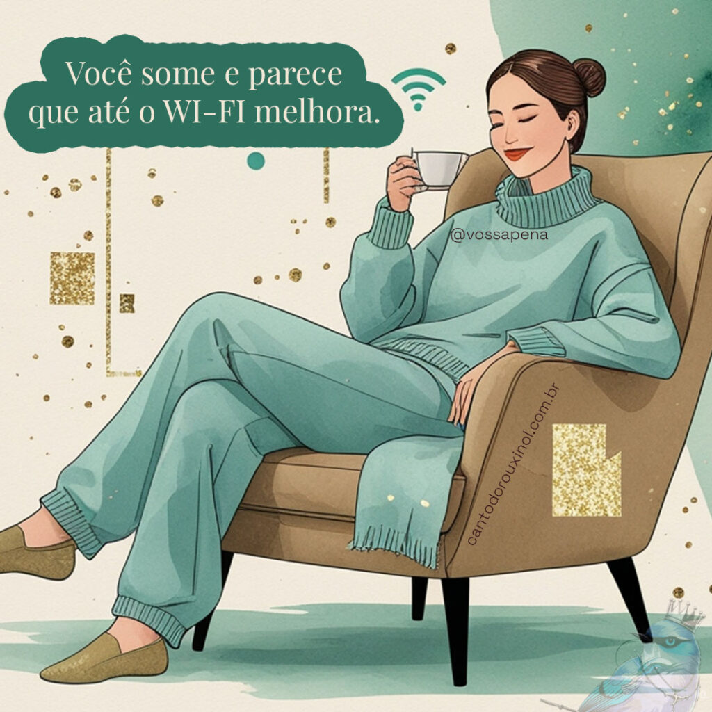 Ilustração estilizada de pessoa relaxada com expressão satisfeita, rodeada por símbolos de Wi-Fi decorativos, em estética de colagem zine com tons de azul e verde sálvia